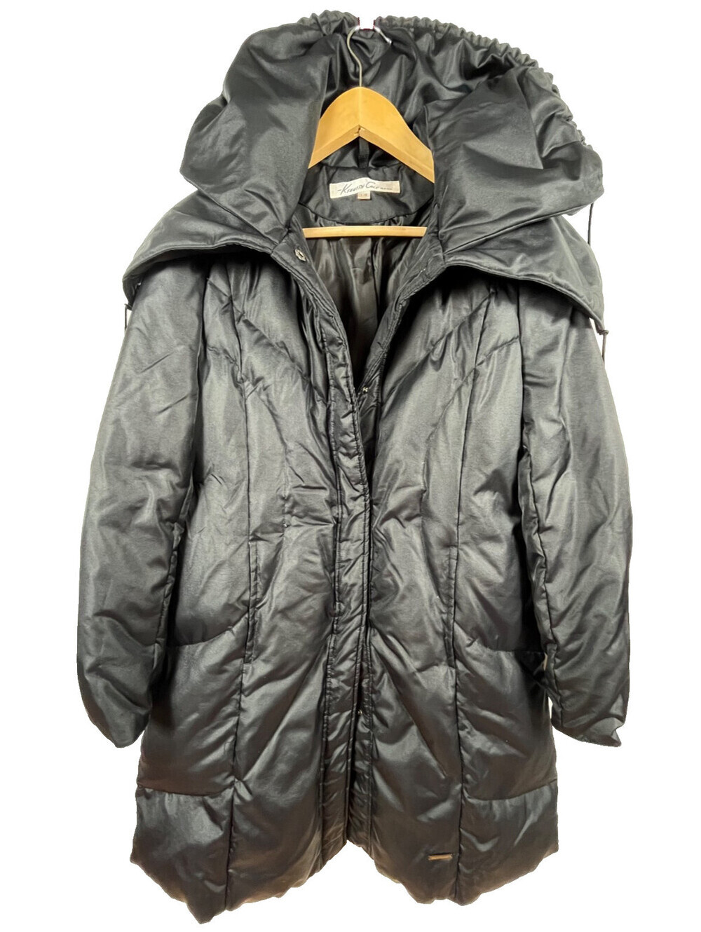 Kenneth Cole NY Down Puffer Coat L Black Cocoon Hood High Collar Winter